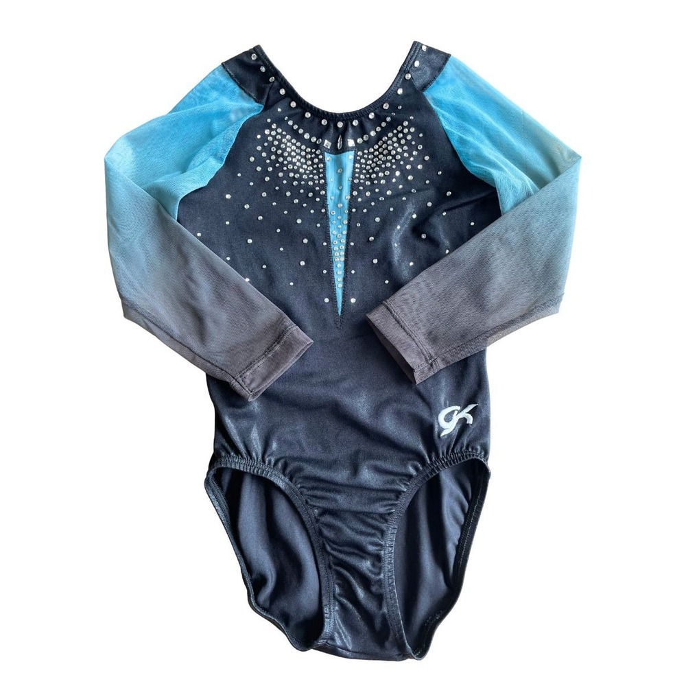 GK Elite Black Blue Rhinestone Gymnastics Leotard Long Sleeve Child Large CL